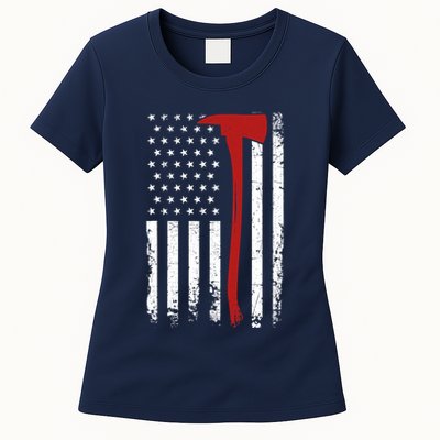 Wildland Firefighter Axe American Flag Thin Red Line Fireman Womens T-Shirt