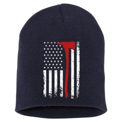 Wildland Firefighter Axe American Flag Thin Red Line Fireman Short Acrylic Beanie