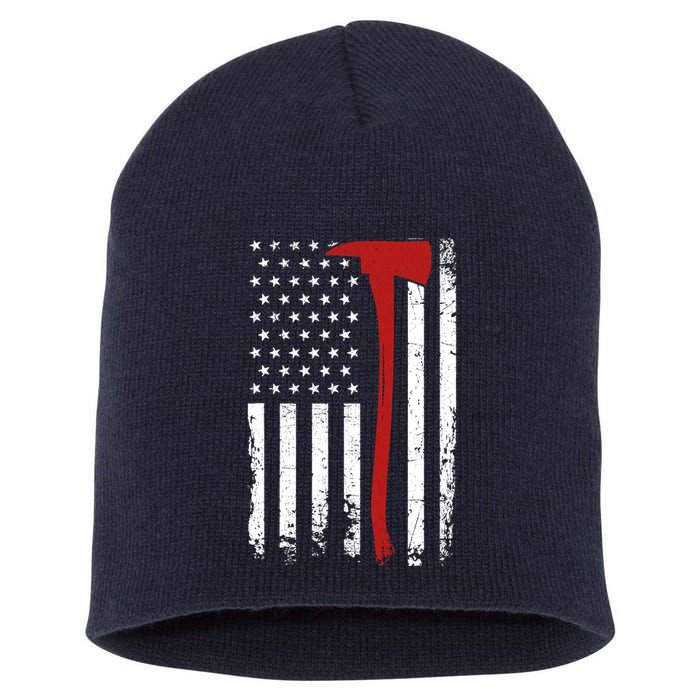 Wildland Firefighter Axe American Flag Thin Red Line Fireman Short Acrylic Beanie