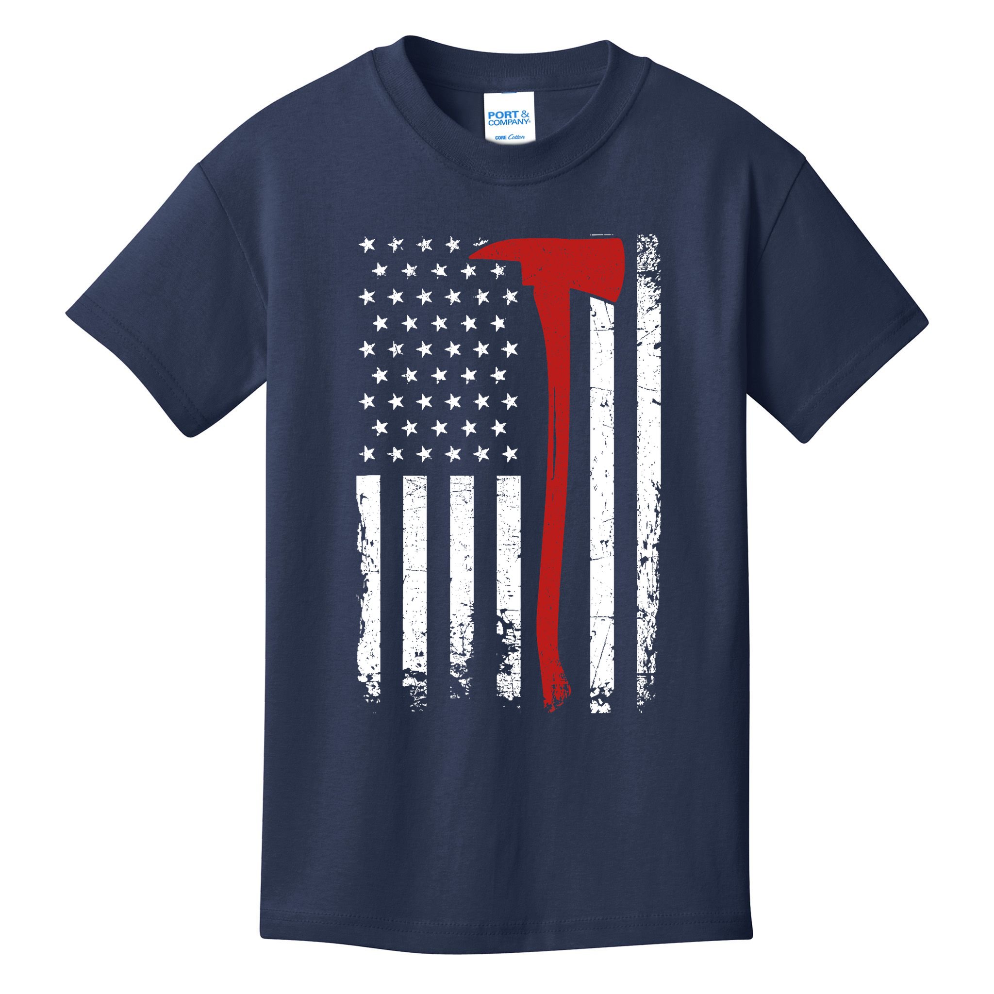 Wildland Firefighter Axe American Flag Thin Red Line Fireman Kids T-Shirt