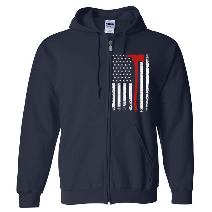 Wildland Firefighter Axe American Flag Thin Red Line Fireman Full Zip Hoodie