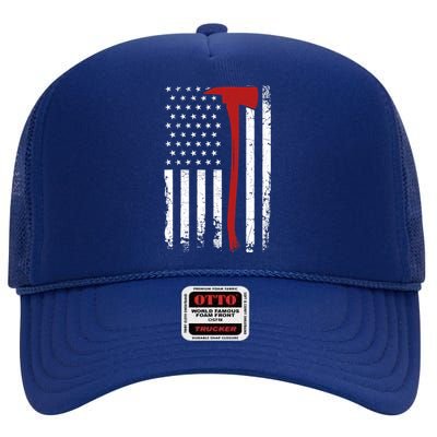 Wildland Firefighter Axe American Flag Thin Red Line Fireman High Crown Mesh Back Trucker Hat