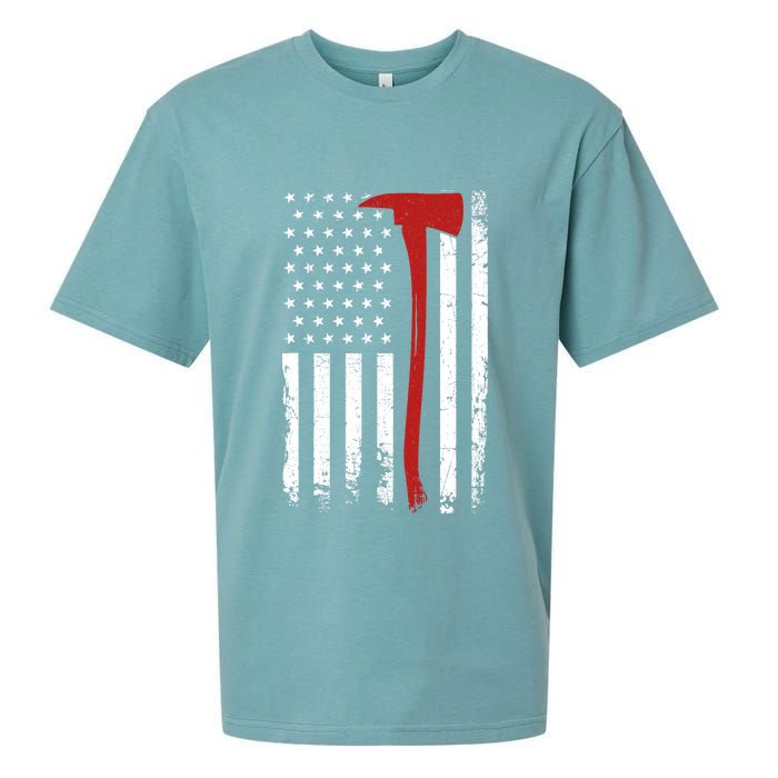 Wildland Firefighter Axe American Flag Thin Red Line Fireman Sueded Cloud Jersey T-Shirt