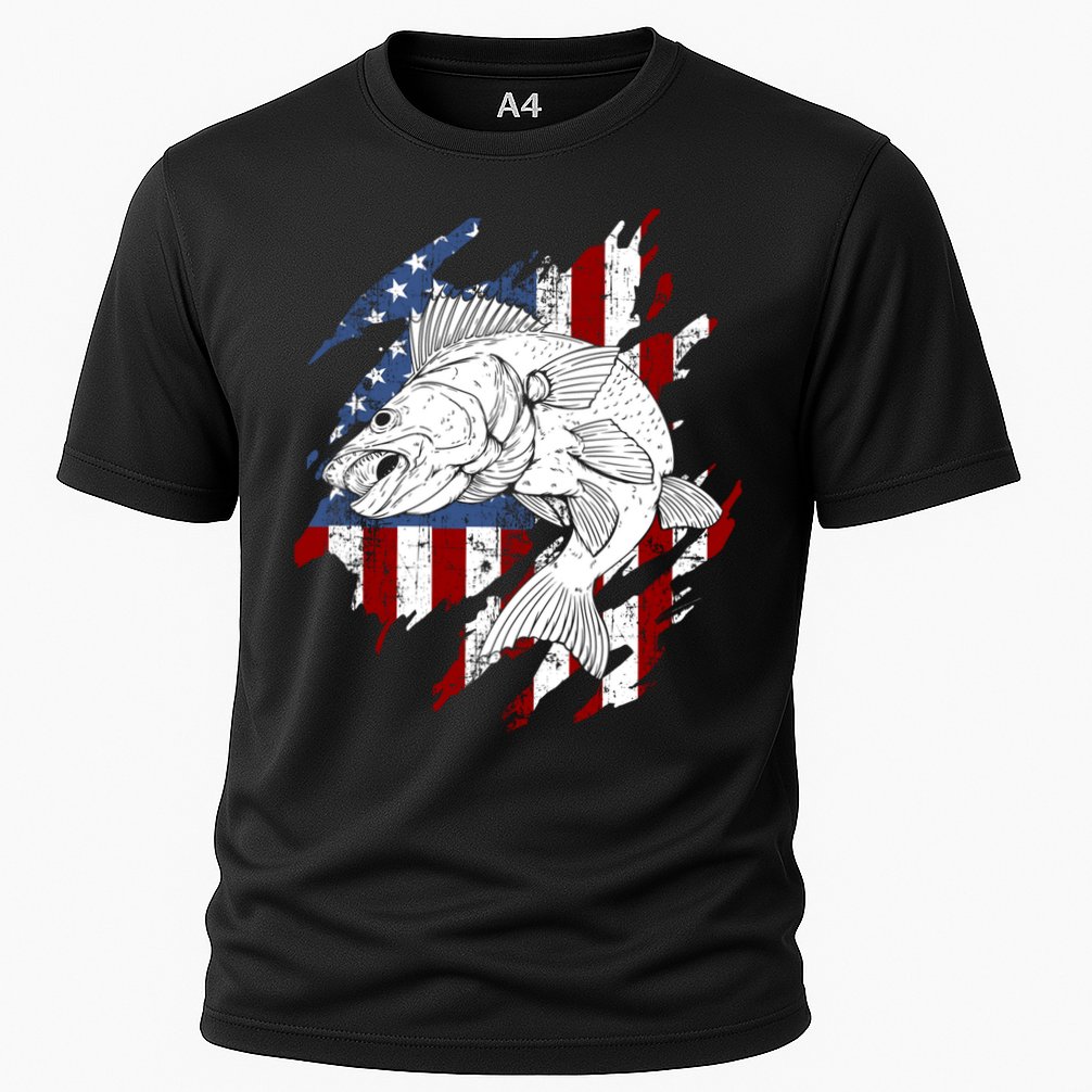 Walleye Fishing American Flag Usa Patriotic Fisherman Cool Gift Cooling Performance Crew T-Shirt