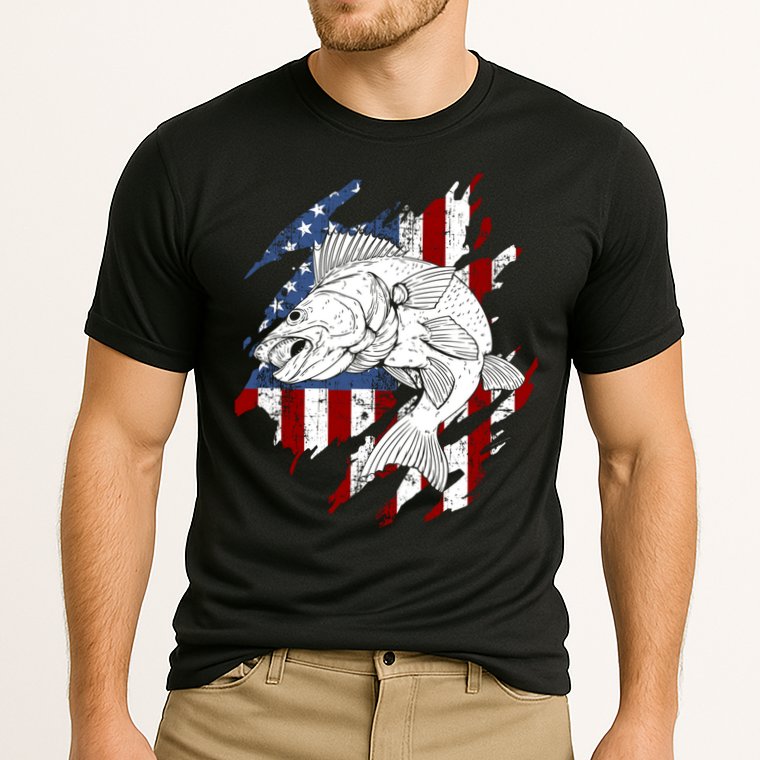 Walleye Fishing American Flag Usa Patriotic Fisherman Cool Gift Cooling Performance Crew T-Shirt
