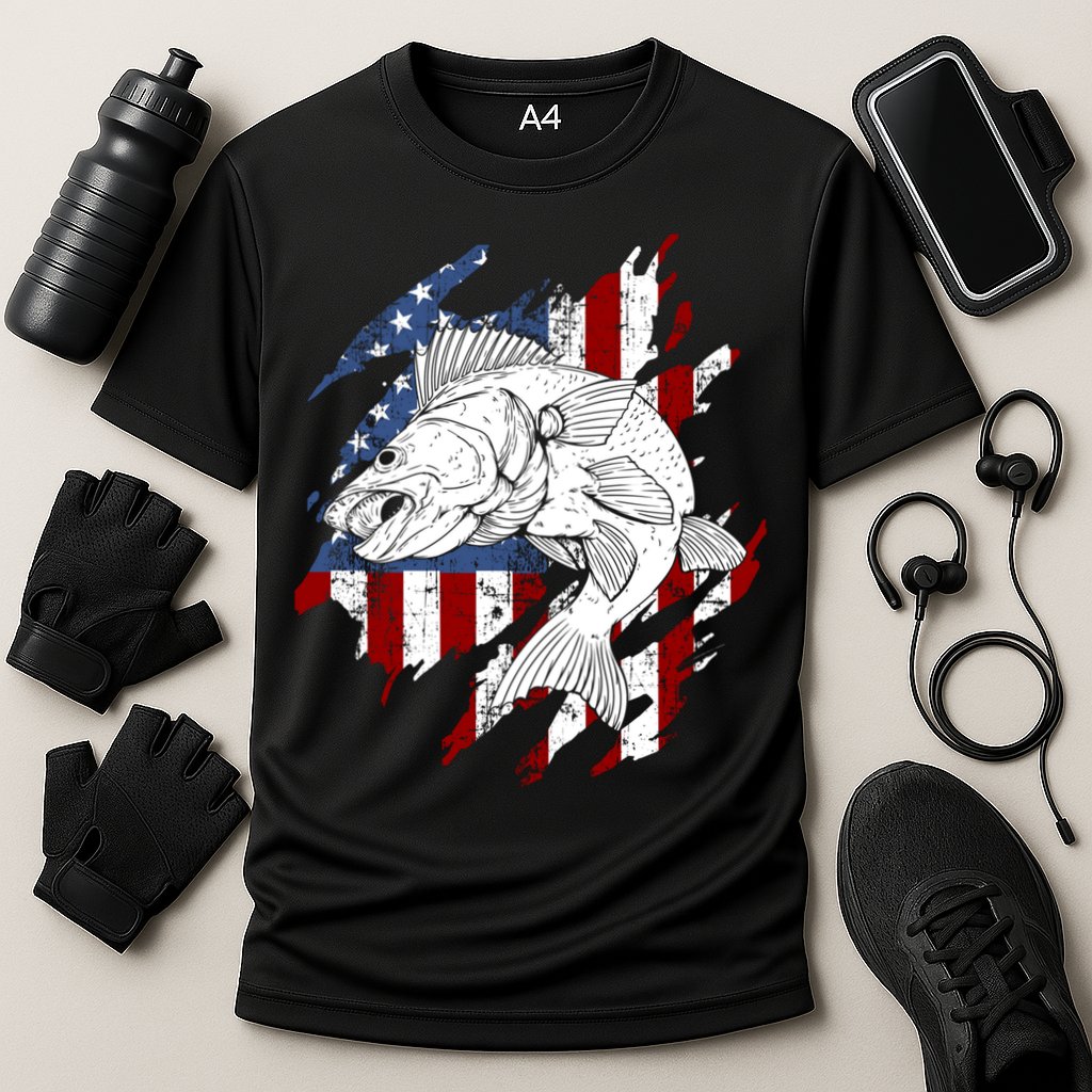 Walleye Fishing American Flag Usa Patriotic Fisherman Cool Gift Cooling Performance Crew T-Shirt