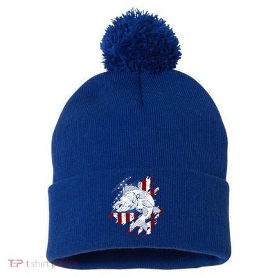 Walleye Fishing American Flag Usa Patriotic Fisherman Cool Gift Pom Pom 12in Knit Beanie