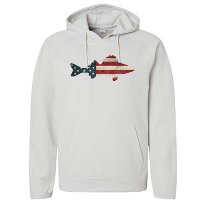 Walleye Fishing American Flag Vintage Patriotic Fisherman Gift Performance Fleece Hoodie