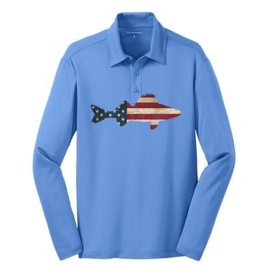 Walleye Fishing American Flag Vintage Patriotic Fisherman Gift Silk Touch Performance Long Sleeve Polo