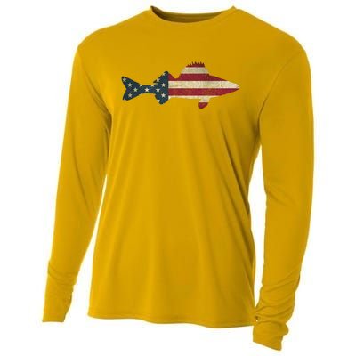 Walleye Fishing American Flag Vintage Patriotic Fisherman Gift Cooling Performance Long Sleeve Crew