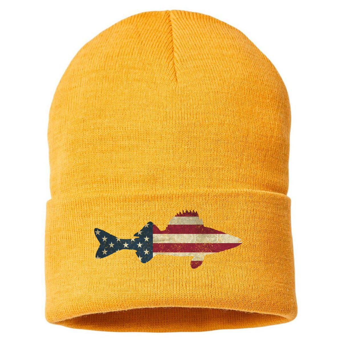Walleye Fishing American Flag Vintage Patriotic Fisherman Gift Sustainable Knit Beanie