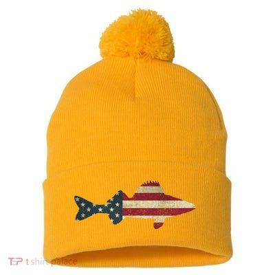 Walleye Fishing American Flag Vintage Patriotic Fisherman Gift Pom Pom 12in Knit Beanie