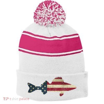 Walleye Fishing American Flag Vintage Patriotic Fisherman Gift Stripe Pom Pom Beanie