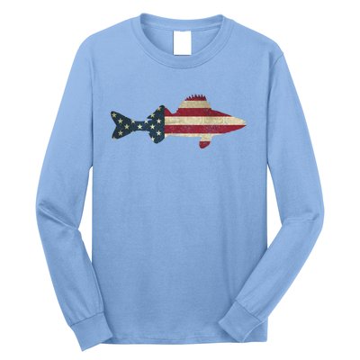 Walleye Fishing American Flag Vintage Patriotic Fisherman Gift Long Sleeve Shirt