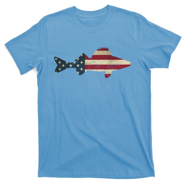 Walleye Fishing American Flag Vintage Patriotic Fisherman Gift T-Shirt