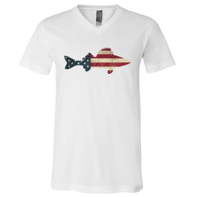 Walleye Fishing American Flag Vintage Patriotic Fisherman Gift V-Neck T-Shirt