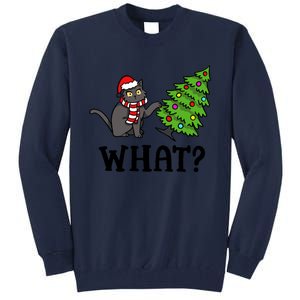 What Funny Black Cat Santa Pushing Christmas Tree Cat Lover Tall Sweatshirt