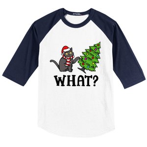 What Funny Black Cat Santa Pushing Christmas Tree Cat Lover Baseball Sleeve Shirt