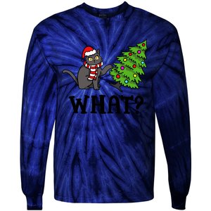 What Funny Black Cat Santa Pushing Christmas Tree Cat Lover Tie-Dye Long Sleeve Shirt