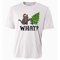 What Funny Black Cat Santa Pushing Christmas Tree Cat Lover Cooling Performance Crew T-Shirt