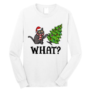 What Funny Black Cat Santa Pushing Christmas Tree Cat Lover Long Sleeve Shirt