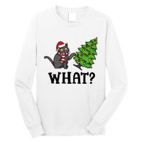 What Funny Black Cat Santa Pushing Christmas Tree Cat Lover Long Sleeve Shirt