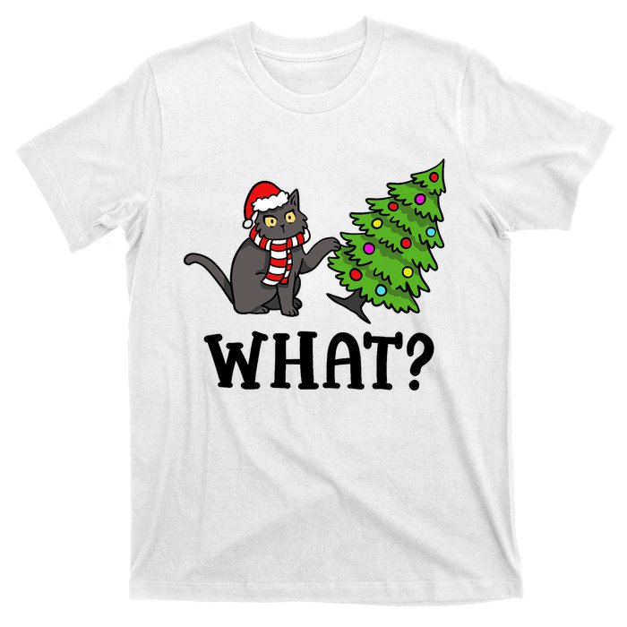 What Funny Black Cat Santa Pushing Christmas Tree Cat Lover T-Shirt