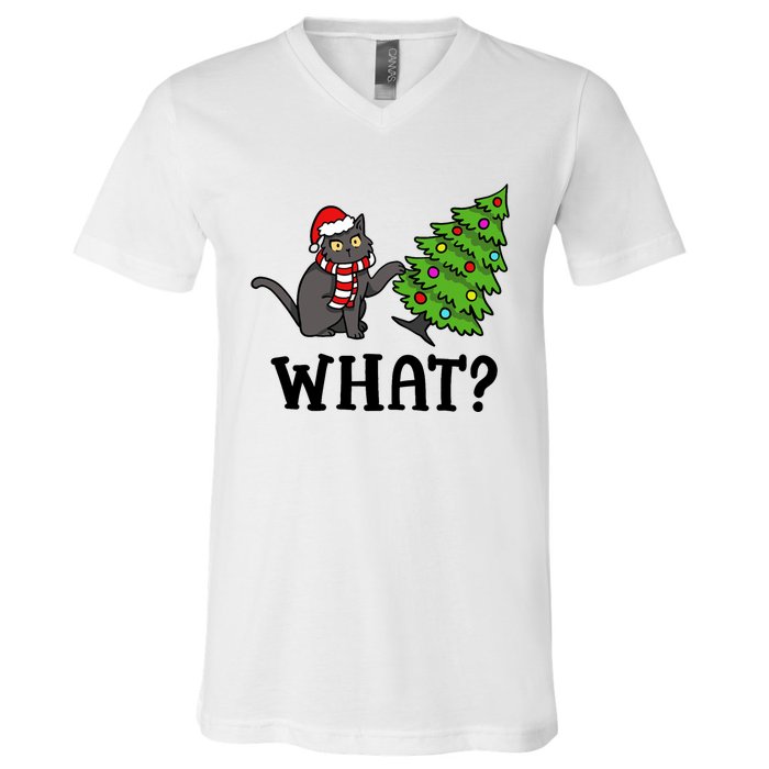 What Funny Black Cat Santa Pushing Christmas Tree Cat Lover V-Neck T-Shirt