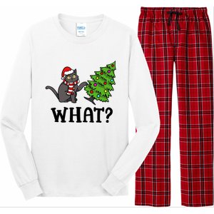 What Funny Black Cat Santa Pushing Christmas Tree Cat Lover Long Sleeve Pajama Set