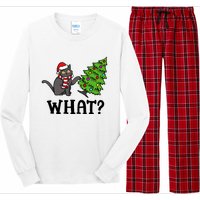 What Funny Black Cat Santa Pushing Christmas Tree Cat Lover Long Sleeve Pajama Set