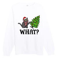 What Funny Black Cat Santa Pushing Christmas Tree Cat Lover Premium Crewneck Sweatshirt