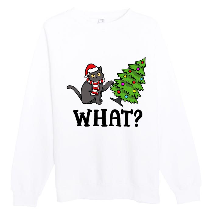 What Funny Black Cat Santa Pushing Christmas Tree Cat Lover Premium Crewneck Sweatshirt