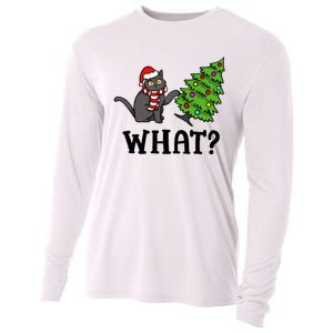 What Funny Black Cat Santa Pushing Christmas Tree Cat Lover Cooling Performance Long Sleeve Crew