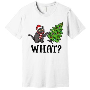 What Funny Black Cat Santa Pushing Christmas Tree Cat Lover Premium T-Shirt