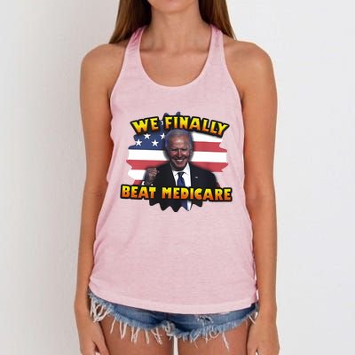 We Finally Beat Medicare Joe Biden Trump Political Debate Women's Knotted Racerback Tank