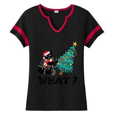 WHAT Funny Black Cat Santa Pushing Christmas Tree Cat Lover Ladies Halftime Notch Neck Tee