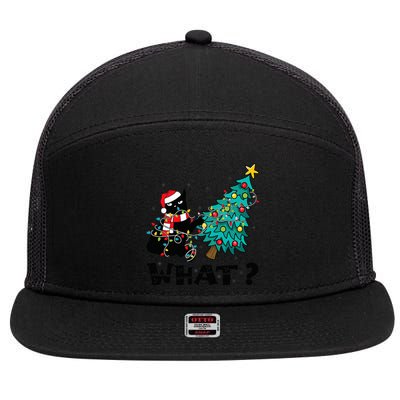 WHAT Funny Black Cat Santa Pushing Christmas Tree Cat Lover 7 Panel Mesh Trucker Snapback Hat