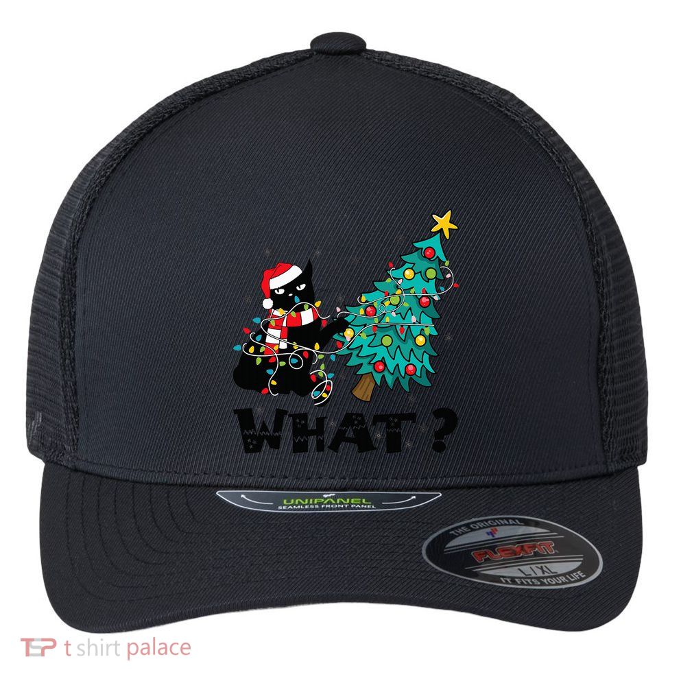 WHAT Funny Black Cat Santa Pushing Christmas Tree Cat Lover Flexfit Unipanel Trucker Cap