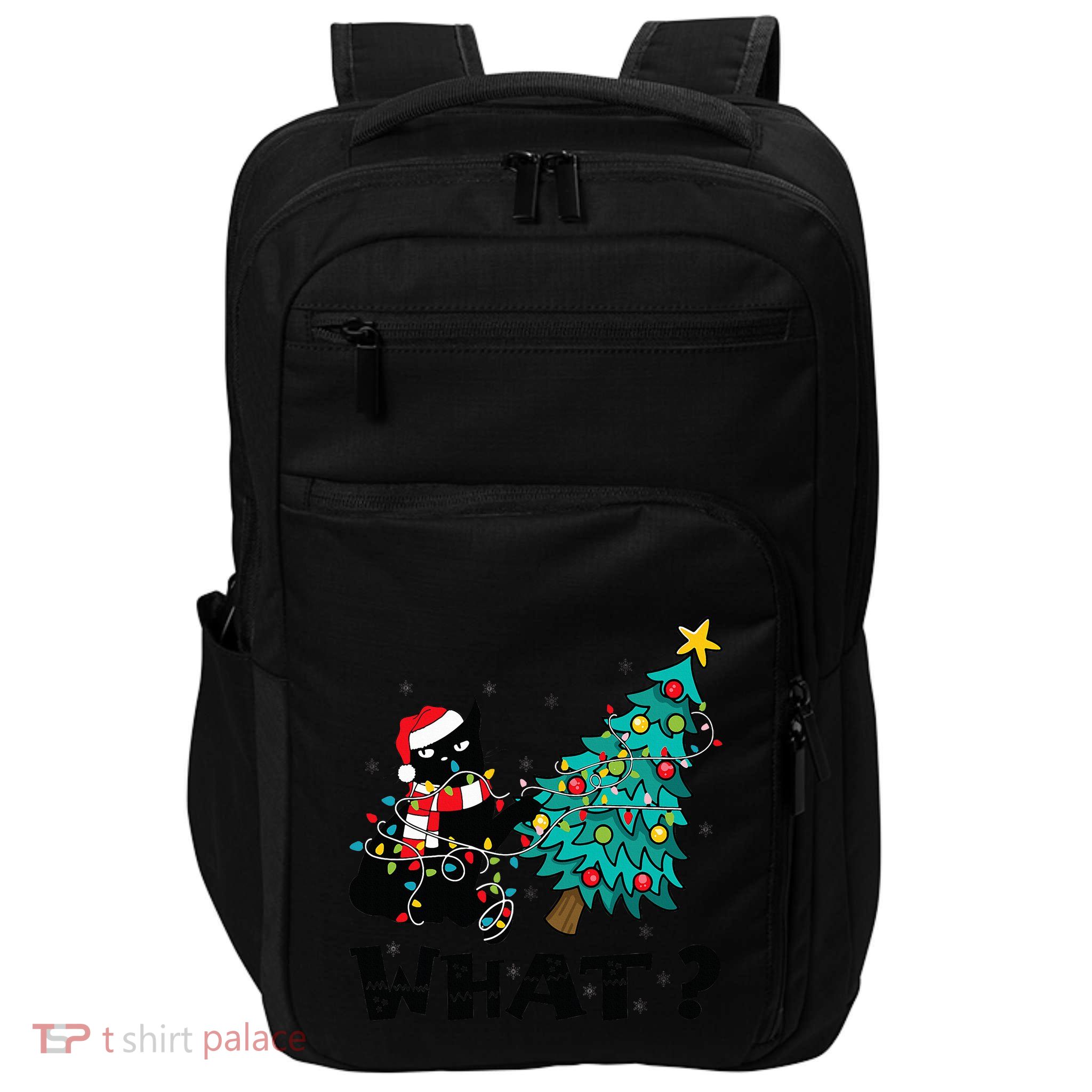 WHAT Funny Black Cat Santa Pushing Christmas Tree Cat Lover Impact Tech Backpack