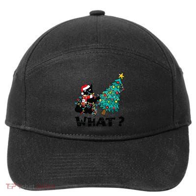 WHAT Funny Black Cat Santa Pushing Christmas Tree Cat Lover 7-Panel Snapback Hat