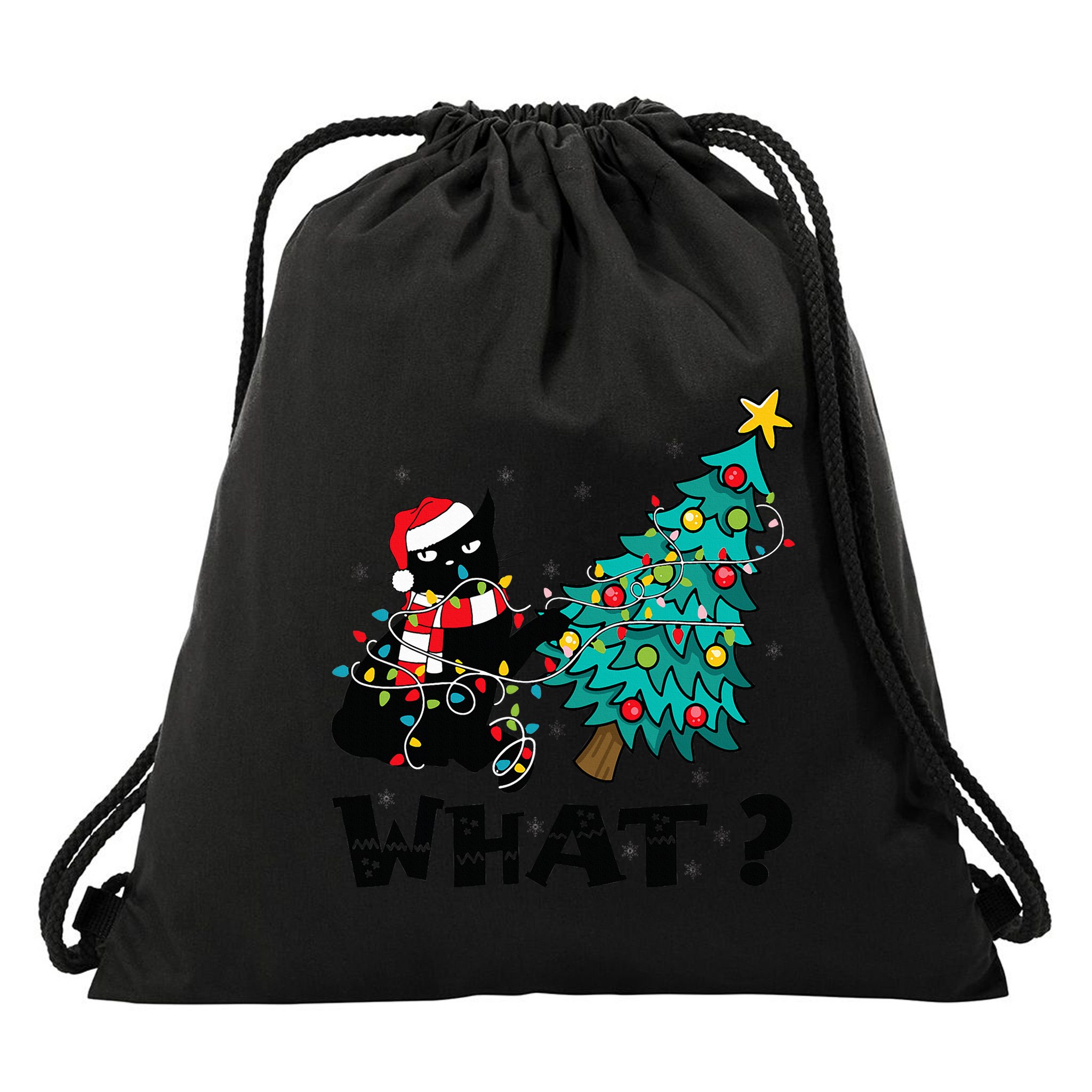WHAT Funny Black Cat Santa Pushing Christmas Tree Cat Lover Drawstring Bag