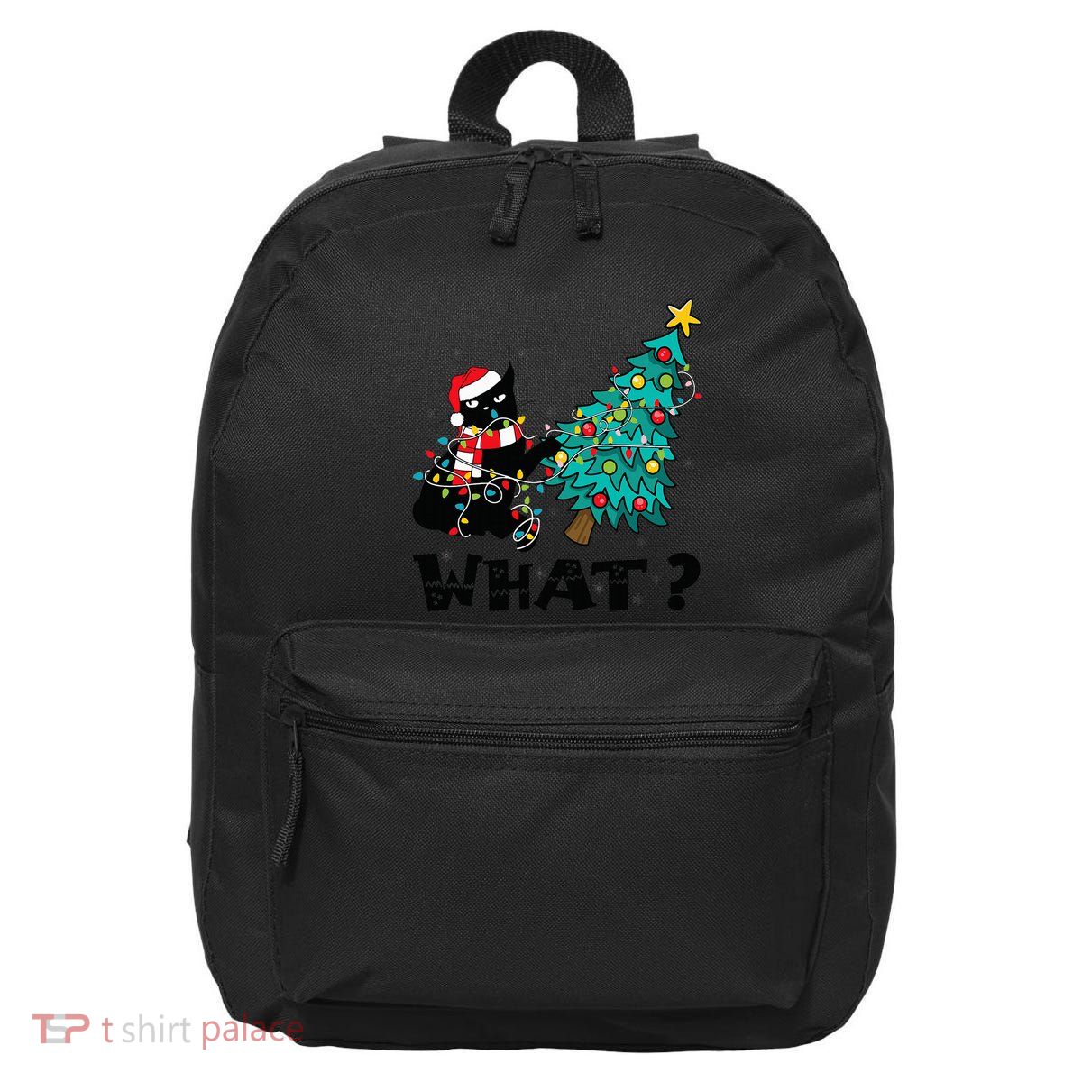 WHAT Funny Black Cat Santa Pushing Christmas Tree Cat Lover 16 in Basic Backpack