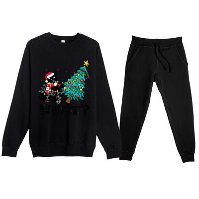 WHAT Funny Black Cat Santa Pushing Christmas Tree Cat Lover Premium Crewneck Sweatsuit Set