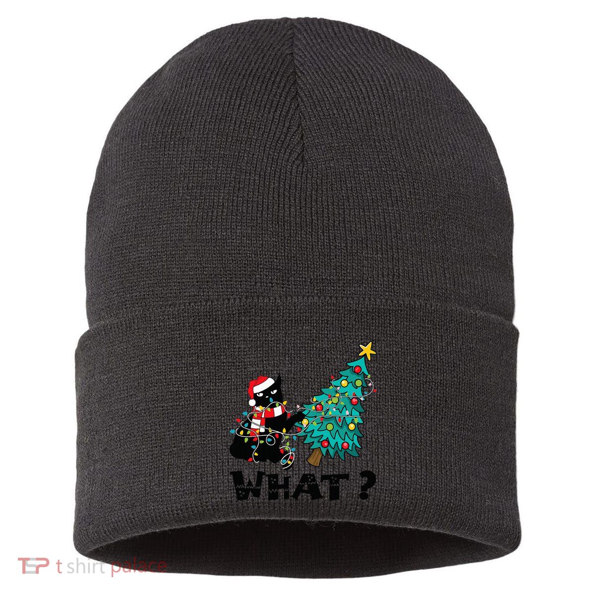 WHAT Funny Black Cat Santa Pushing Christmas Tree Cat Lover Sustainable Knit Beanie