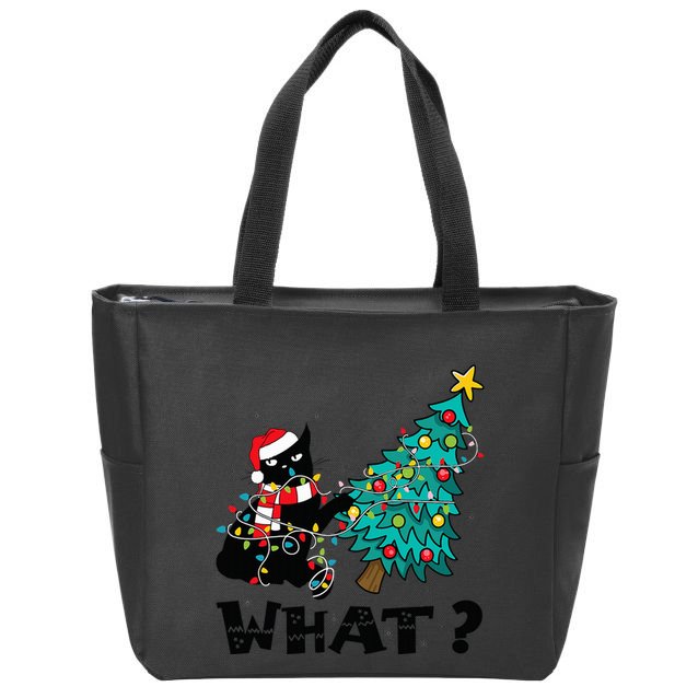 WHAT Funny Black Cat Santa Pushing Christmas Tree Cat Lover Zip Tote Bag