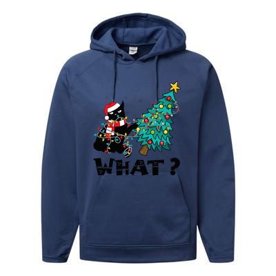 WHAT Funny Black Cat Santa Pushing Christmas Tree Cat Lover Performance Fleece Hoodie