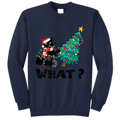 WHAT Funny Black Cat Santa Pushing Christmas Tree Cat Lover Tall Sweatshirt