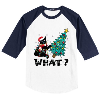 WHAT Funny Black Cat Santa Pushing Christmas Tree Cat Lover Baseball Sleeve Shirt