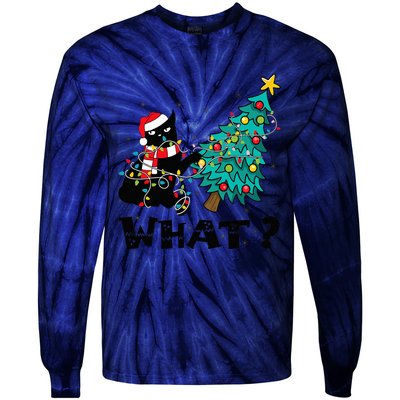 WHAT Funny Black Cat Santa Pushing Christmas Tree Cat Lover Tie-Dye Long Sleeve Shirt