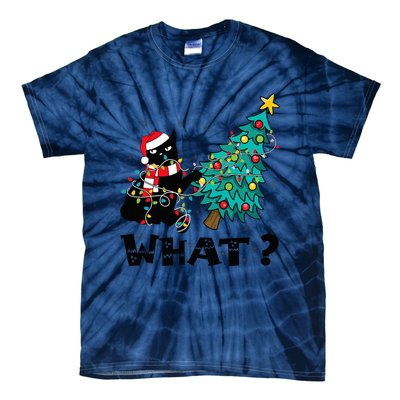 WHAT Funny Black Cat Santa Pushing Christmas Tree Cat Lover Tie-Dye T-Shirt